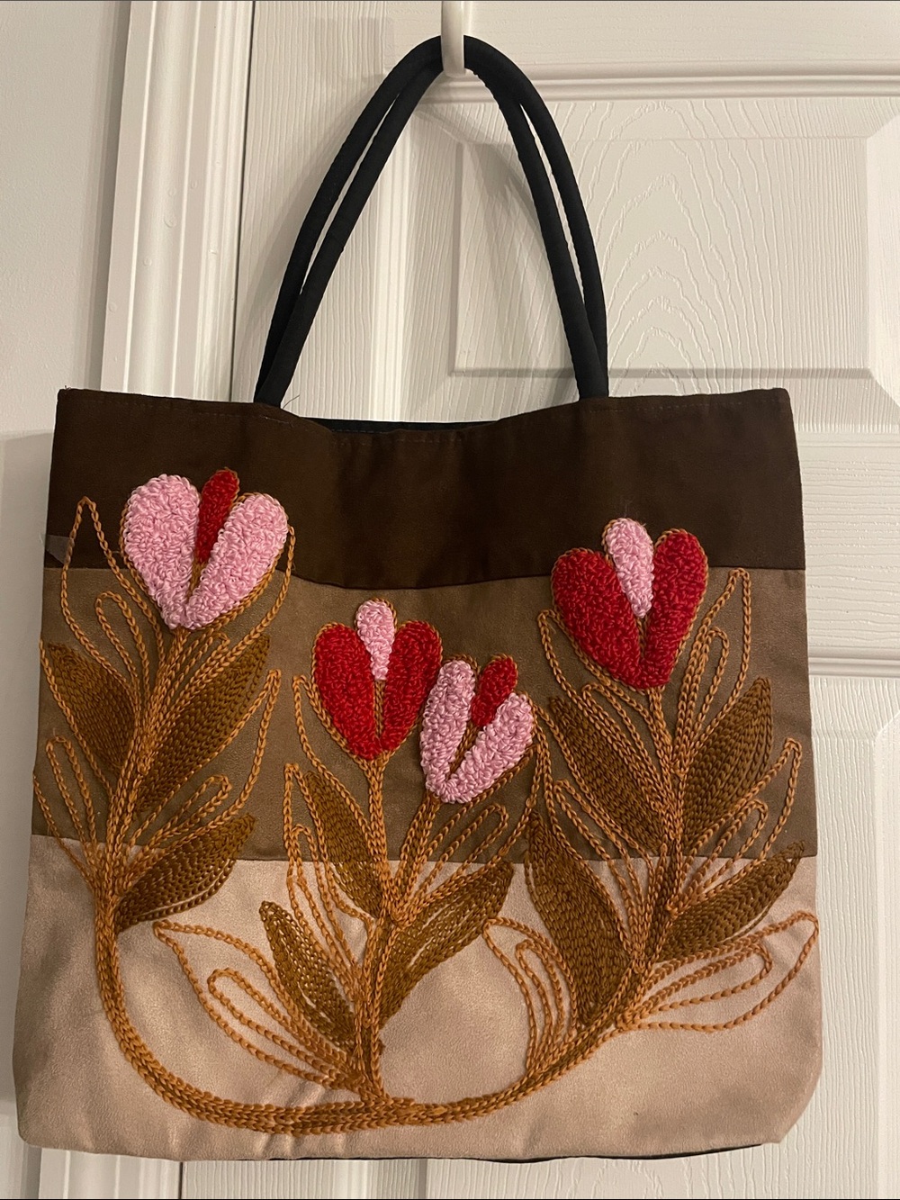 Handcrafted Brown Floral Embroidered Tote Bag - Pink & Red crotchet Accents